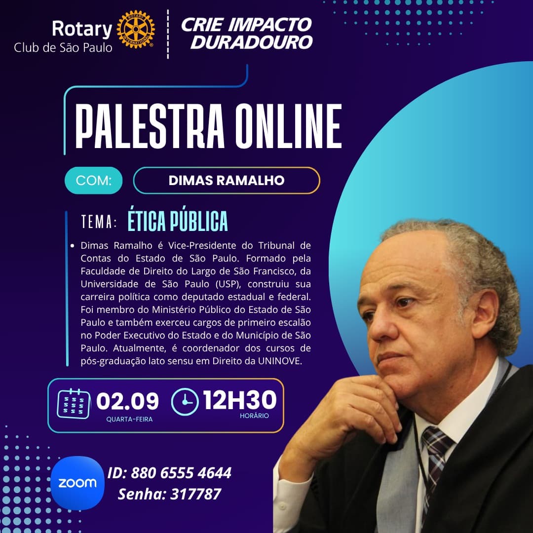 Convite da palestra online Ética Pública com Dimas Ramalho, em 2 de setembro de 2026