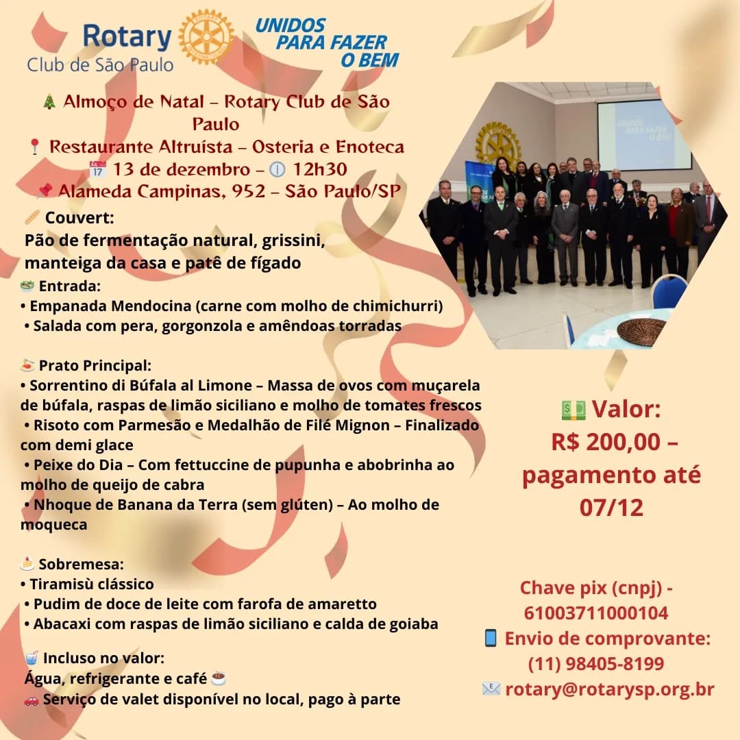 Hoje é o último dia para pagar a adesão ao almoço de Natal! - Rotary Clube de São Paulo