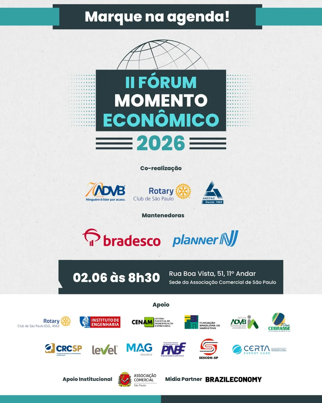 🚨 MARQUE NA AGENDA! Vem aí o 2º Fórum Momento Econômico - Edição 2026. - Rotary Clube de São Paulo