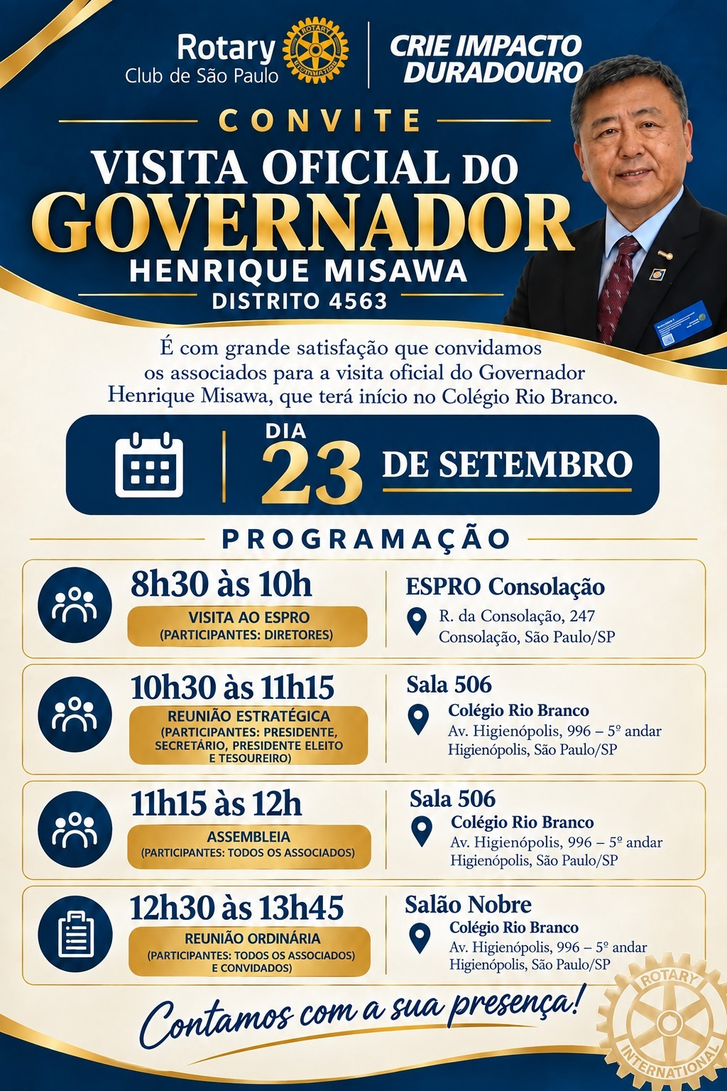 Convite para a visita oficial do Governador Henrique Misawa, Distrito 4563, em 23 de setembro de 2026